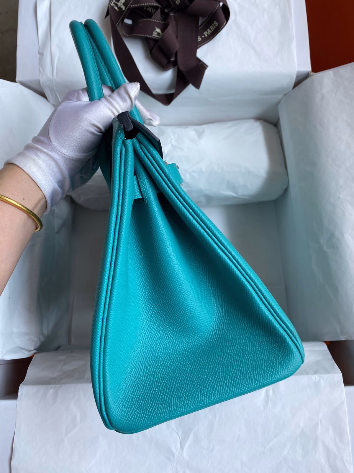 Hermes Birkin 30 Retourne Handmade Bag In Blue Paon Epsom Calfskin - Image 3