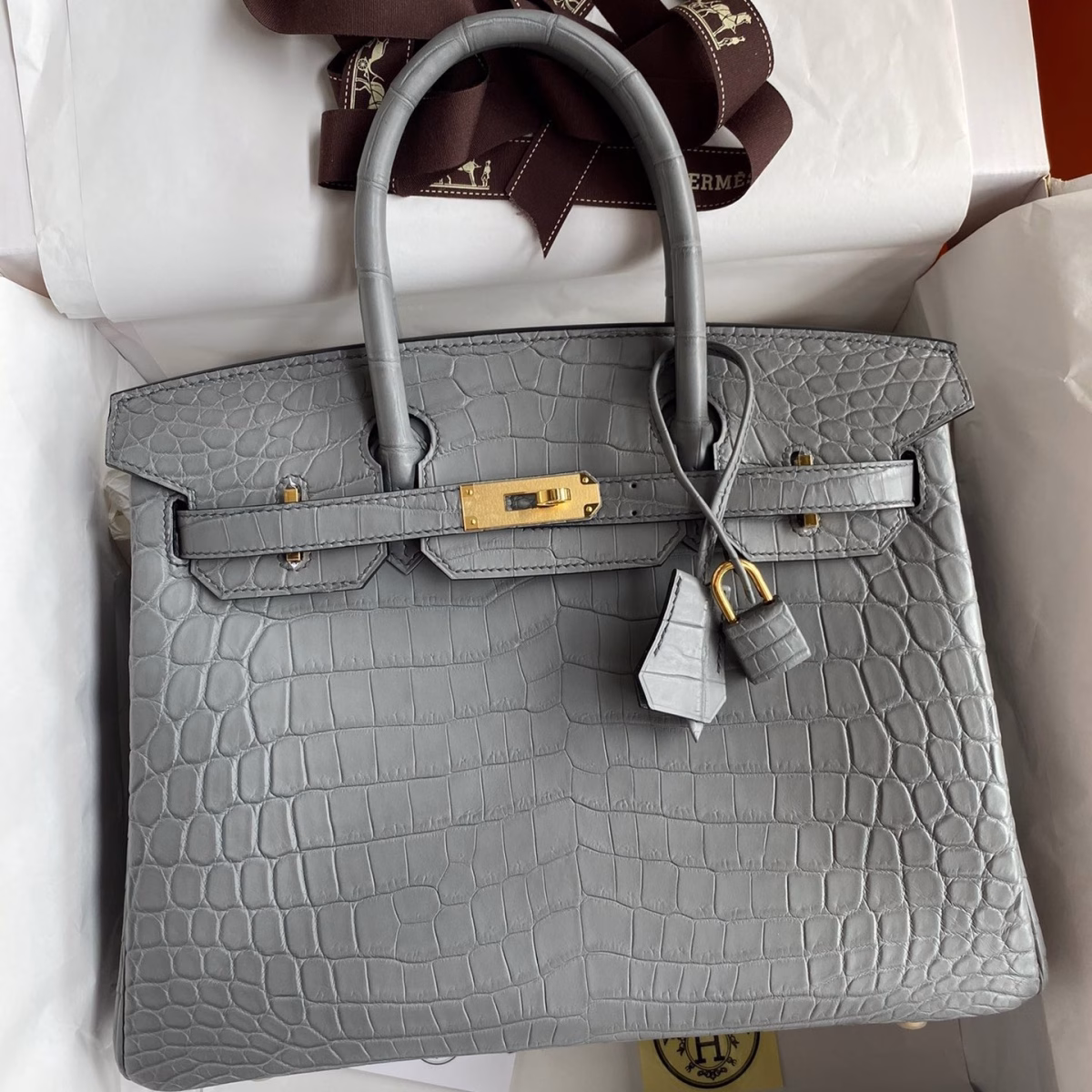 Hermes Birkin 30 Handmade Bag In Etain Crocodile Niloticus Matte Skin - Image 1