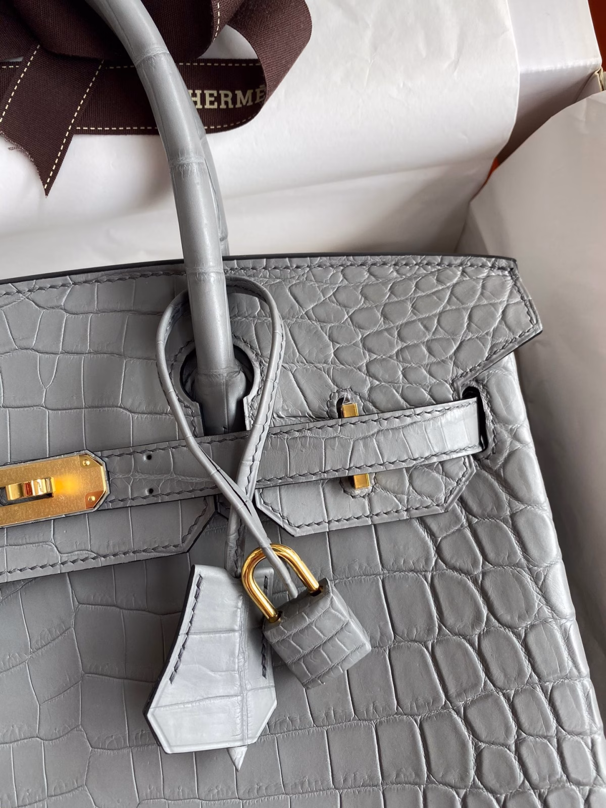 Hermes Birkin 30 Handmade Bag In Etain Crocodile Niloticus Matte Skin - Image 7