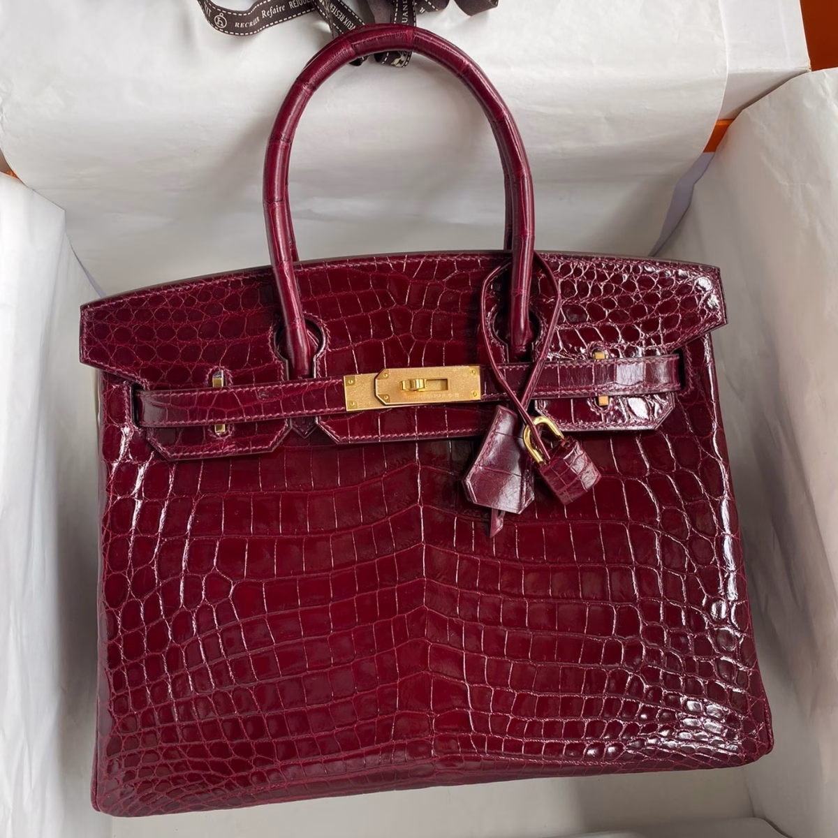 Hermes Birkin 30 Handmade Bag In Bordeaux Crocodile Niloticus Shiny Skin - Image 1