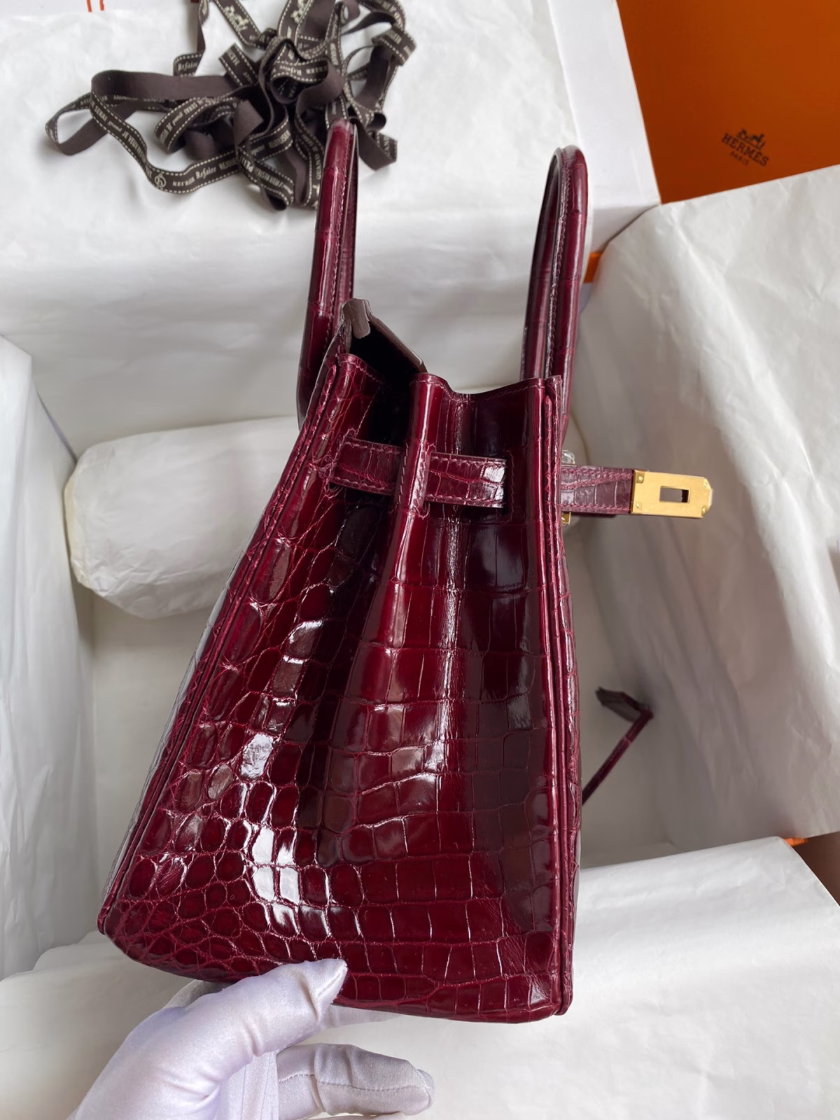 Hermes Birkin 30 Handmade Bag In Bordeaux Crocodile Niloticus Shiny Skin - Image 9