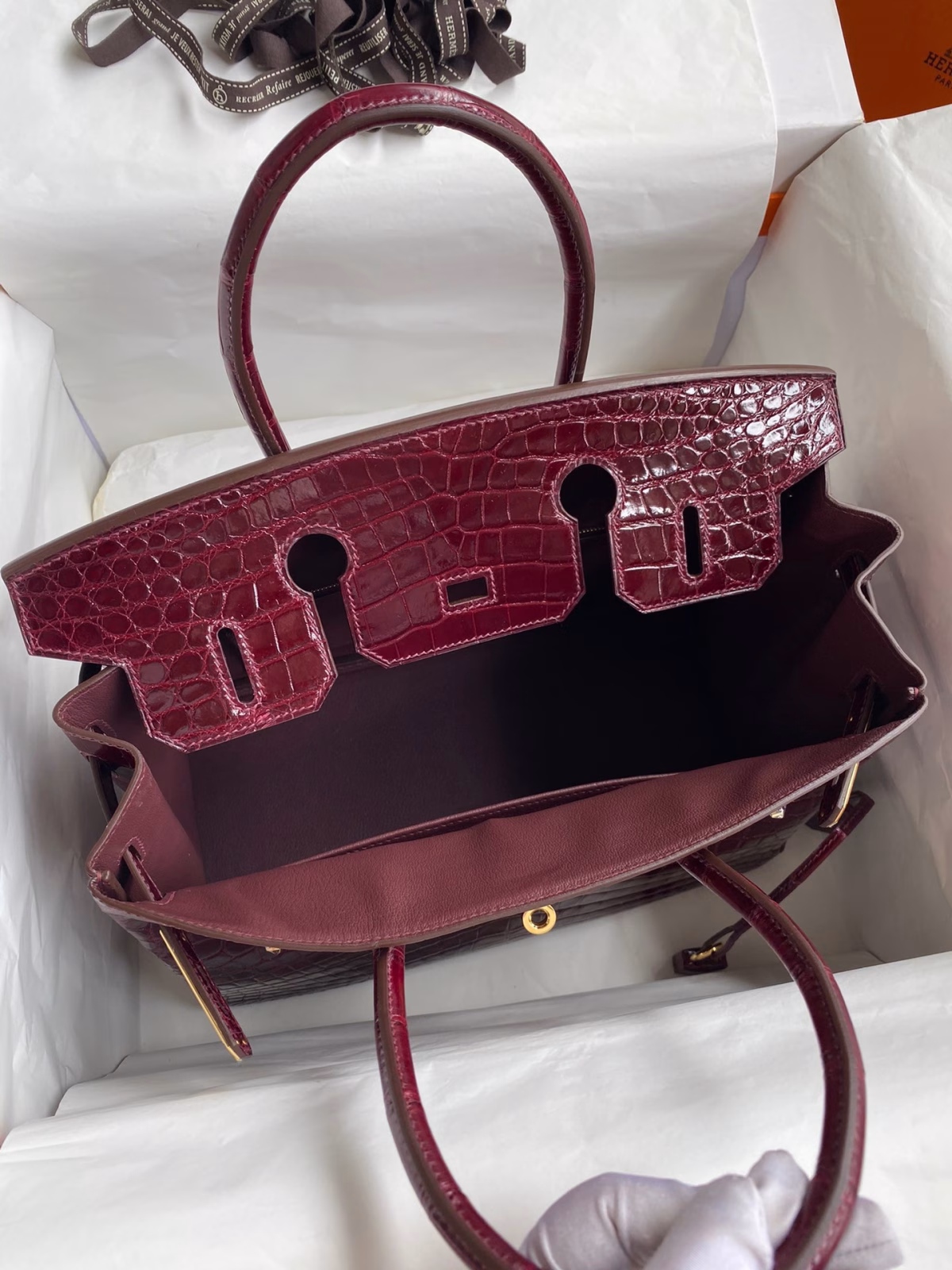 Hermes Birkin 30 Handmade Bag In Bordeaux Crocodile Niloticus Shiny Skin - Image 3
