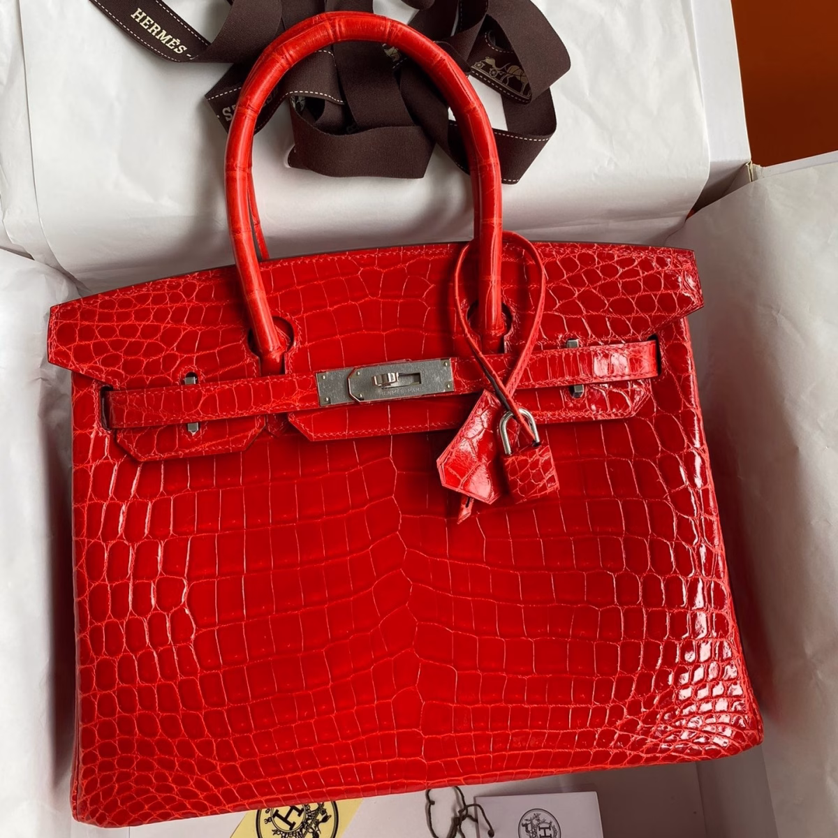 Hermes Birkin 30 Handmade Bag In Red Crocodile Niloticus Shiny Skin - Image 1