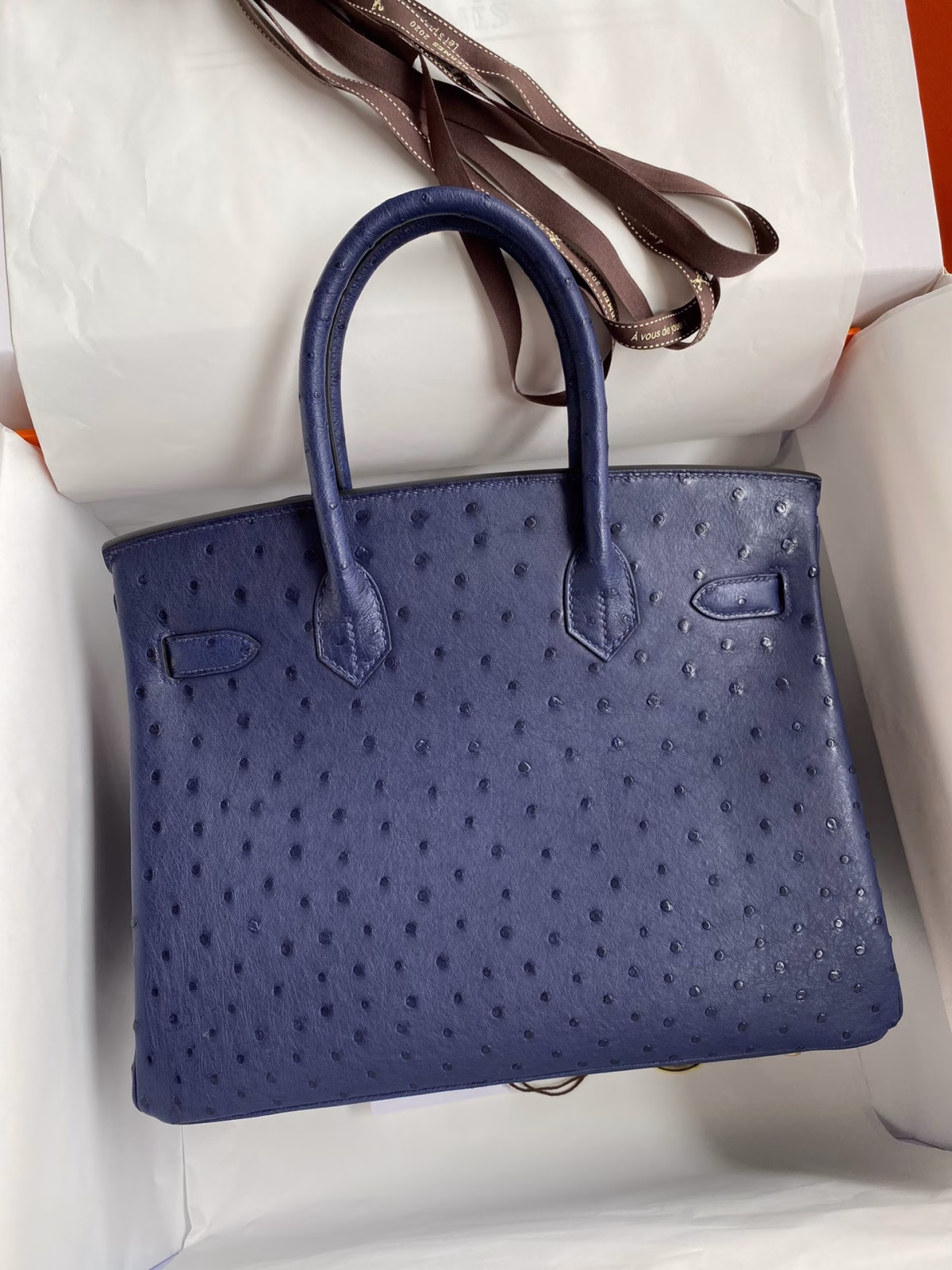 Hermes Birkin 30 Retourne Handmade Bag In Blue Iris Ostrich Leather - Image 6