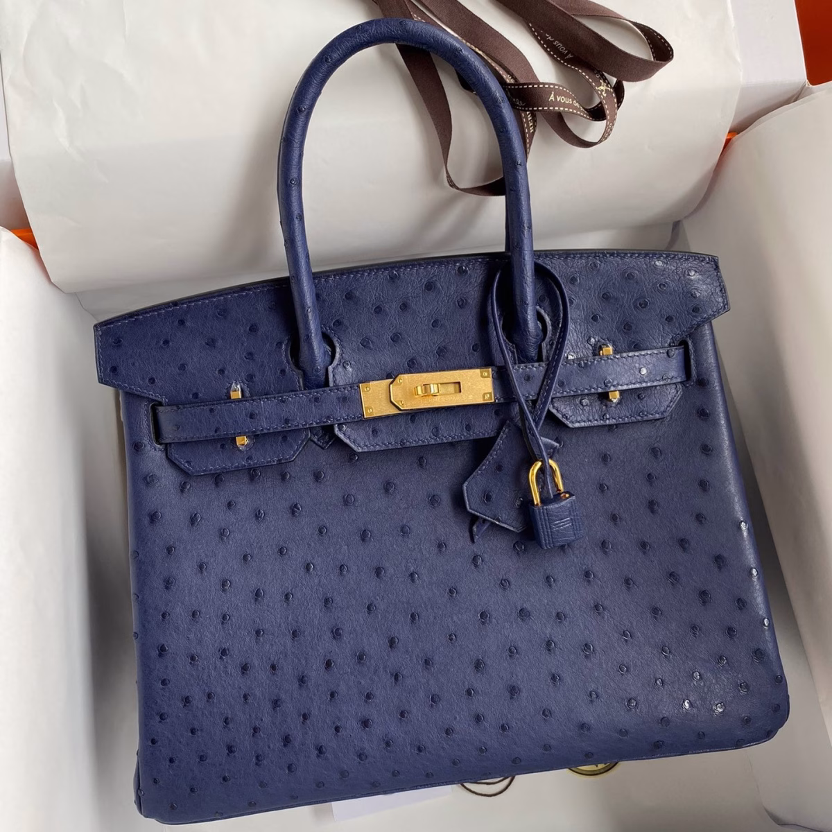 Hermes Birkin 30 Retourne Handmade Bag In Blue Iris Ostrich Leather - Image 1