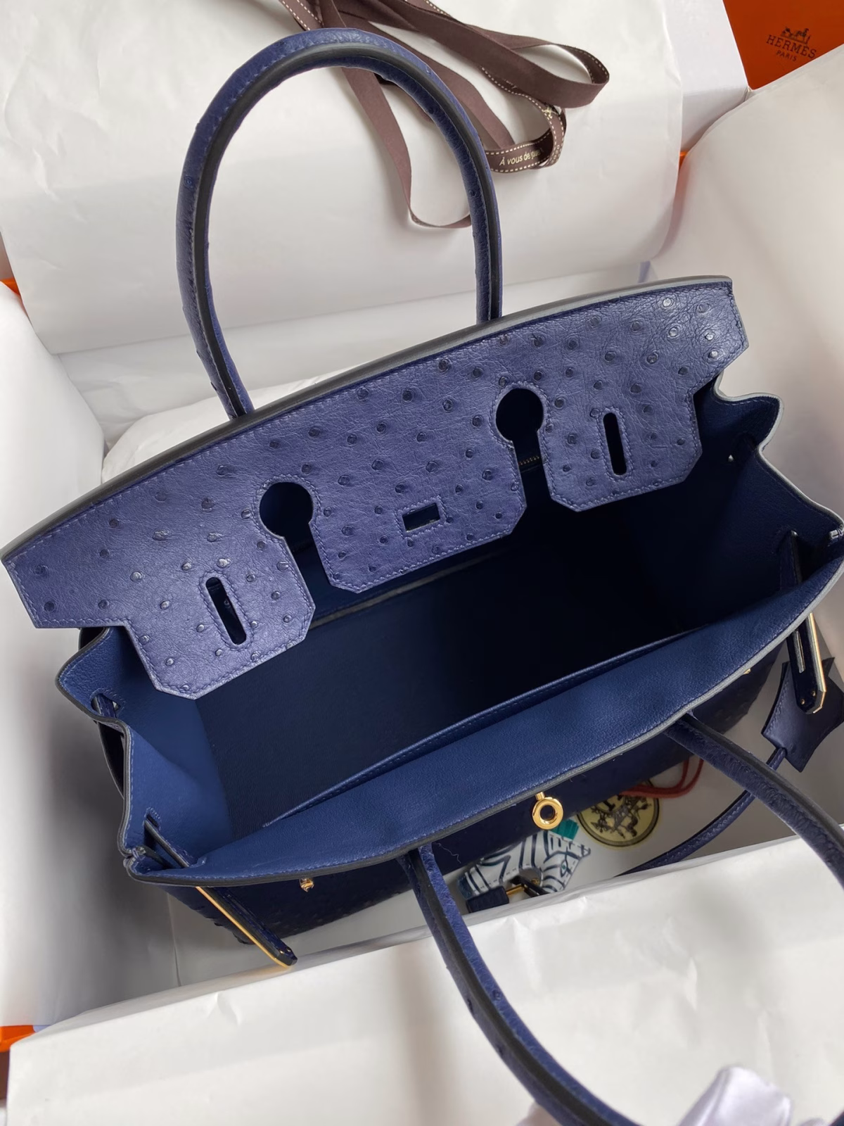 Hermes Birkin 30 Retourne Handmade Bag In Blue Iris Ostrich Leather - Image 9