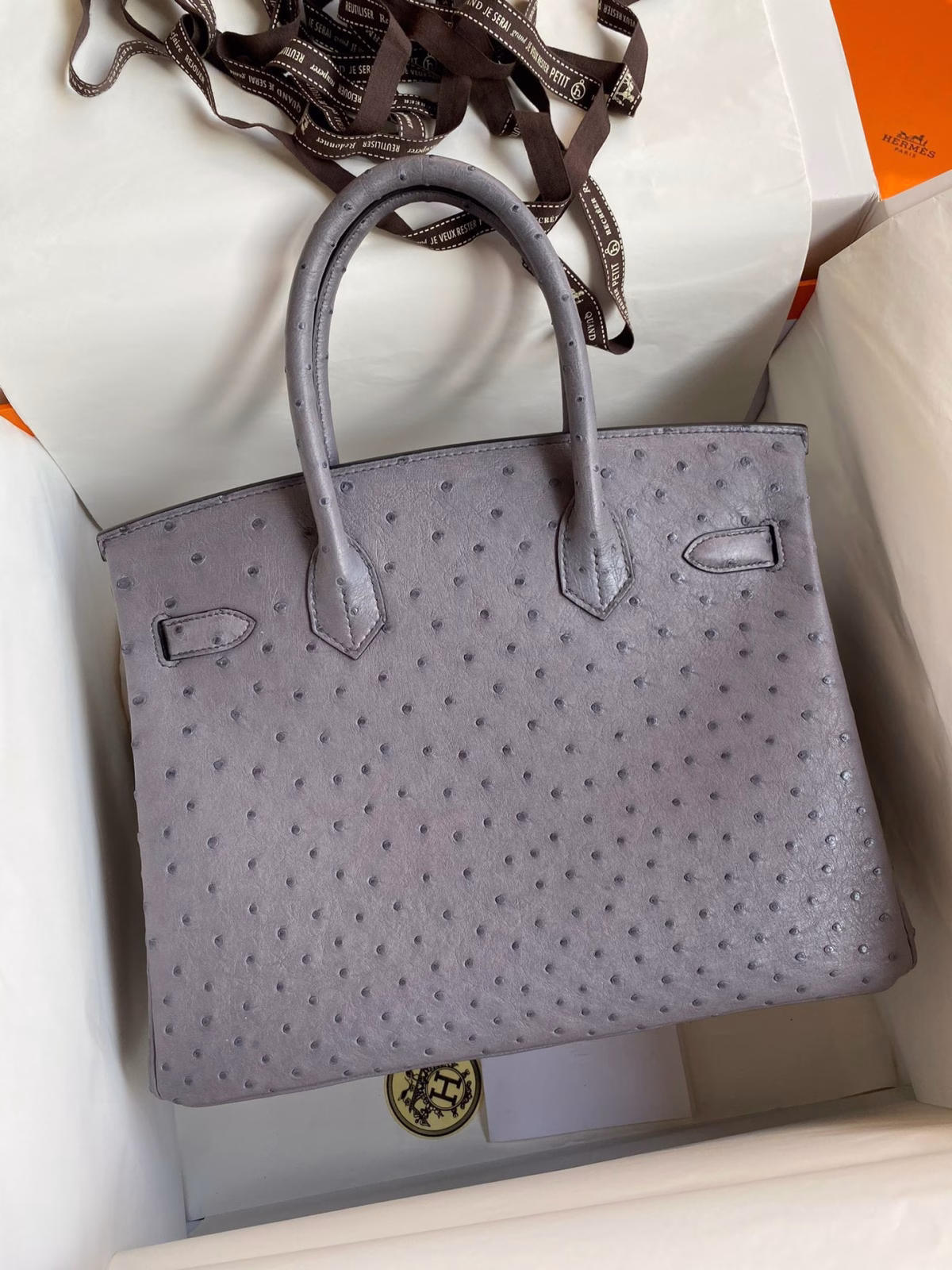 Hermes Birkin 30 Retourne Handmade Bag In Gris Agate Ostrich Leather - Image 6