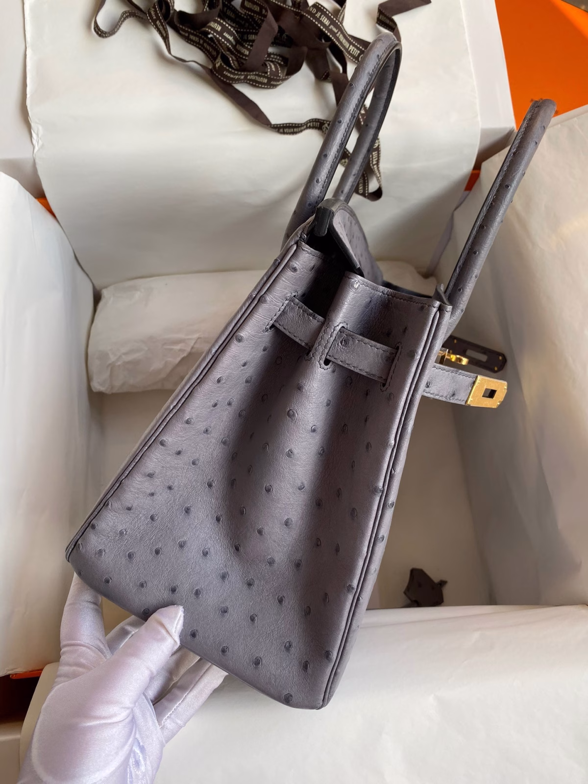 Hermes Birkin 30 Retourne Handmade Bag In Gris Agate Ostrich Leather - Image 2