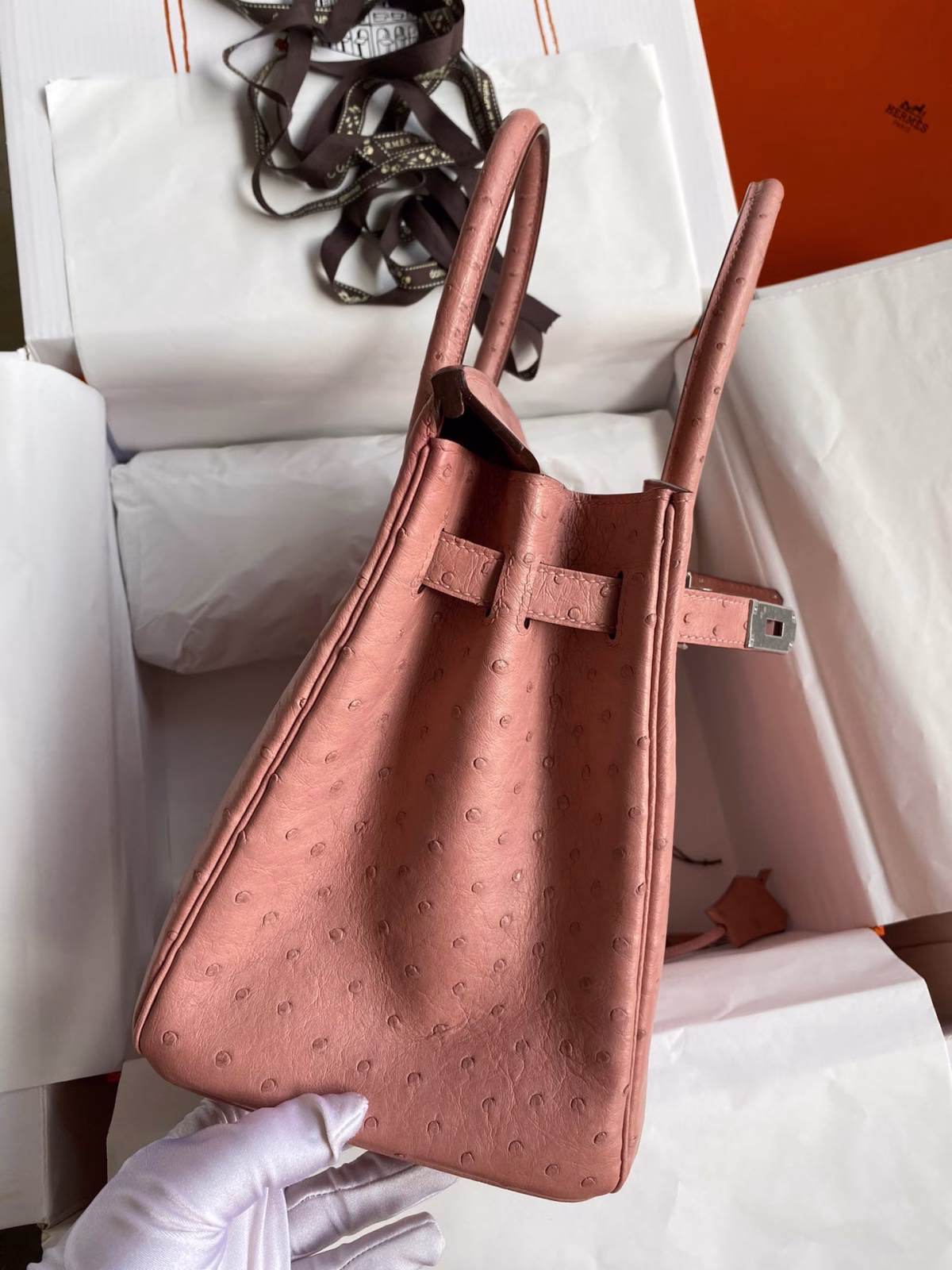 Hermes Birkin 30 Retourne Handmade Bag In Terre Cuite Ostrich Leather - Image 9