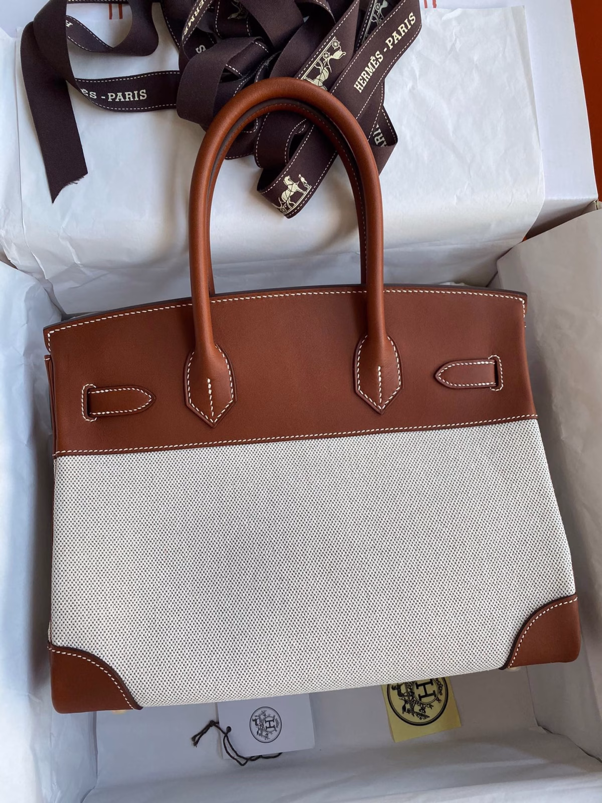 Hermes Birkin 30 Handmade Bag In Toile & Gold Swift Leather - Image 6