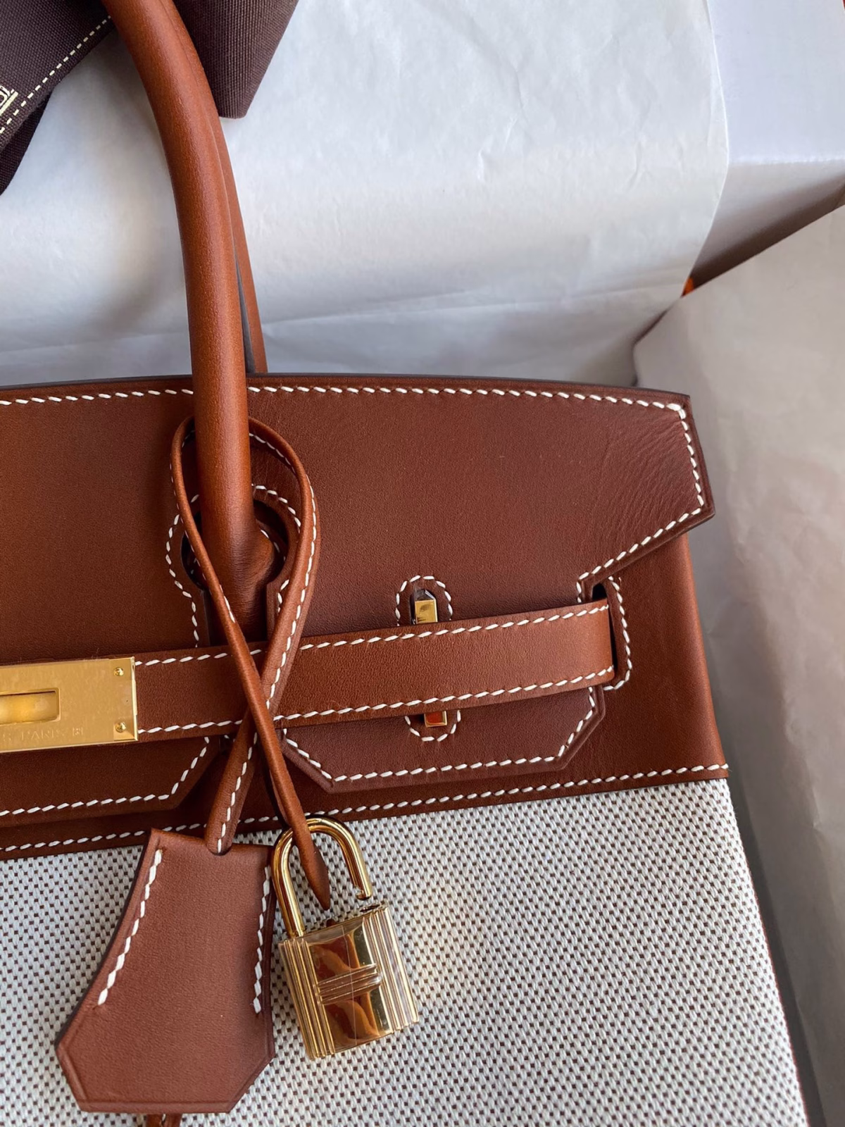 Hermes Birkin 30 Handmade Bag In Toile & Gold Swift Leather - Image 7