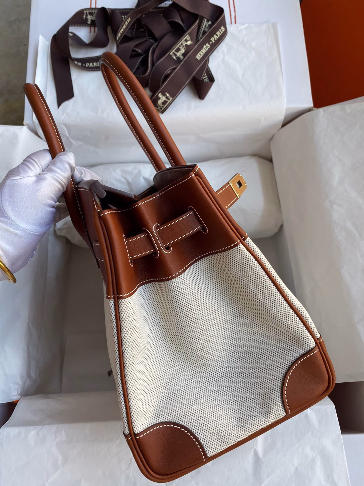 Hermes Birkin 30 Handmade Bag In Toile & Gold Swift Leather - Image 9