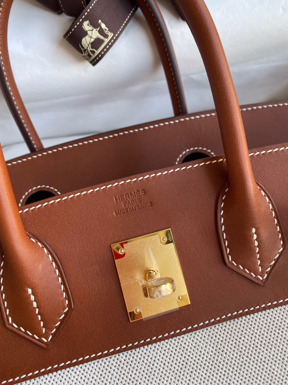 Hermes Birkin 30 Handmade Bag In Toile & Gold Swift Leather - Image 2