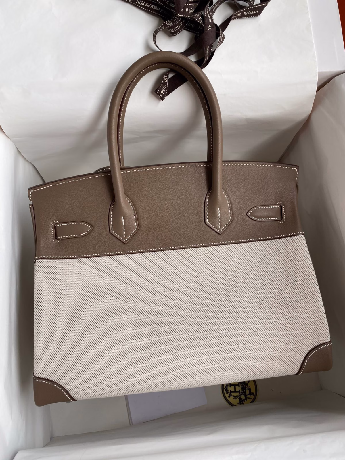 Hermes Birkin 30 Handmade Bag In Toile & Tourterelle Swift Leather - Image 6