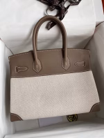 Hermes Birkin 30 Handmade Bag In Toile & Tourterelle Swift Leather - Image 6