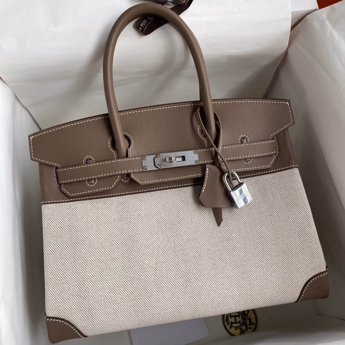 Hermes Birkin 30 Handmade Bag In Toile & Tourterelle Swift Leather - Image 1