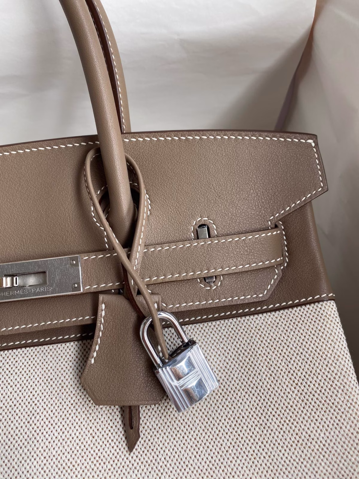 Hermes Birkin 30 Handmade Bag In Toile & Tourterelle Swift Leather - Image 7