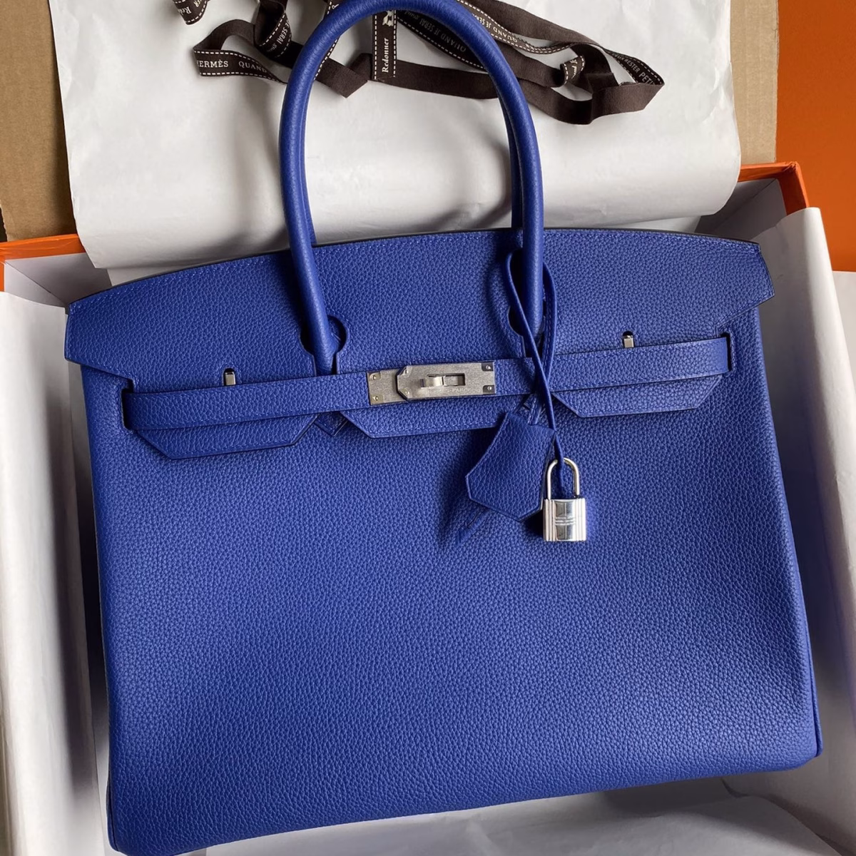 Hermes Birkin 35 Retourne Handmade Bag In Blue Electric Clemence Leather - Image 1