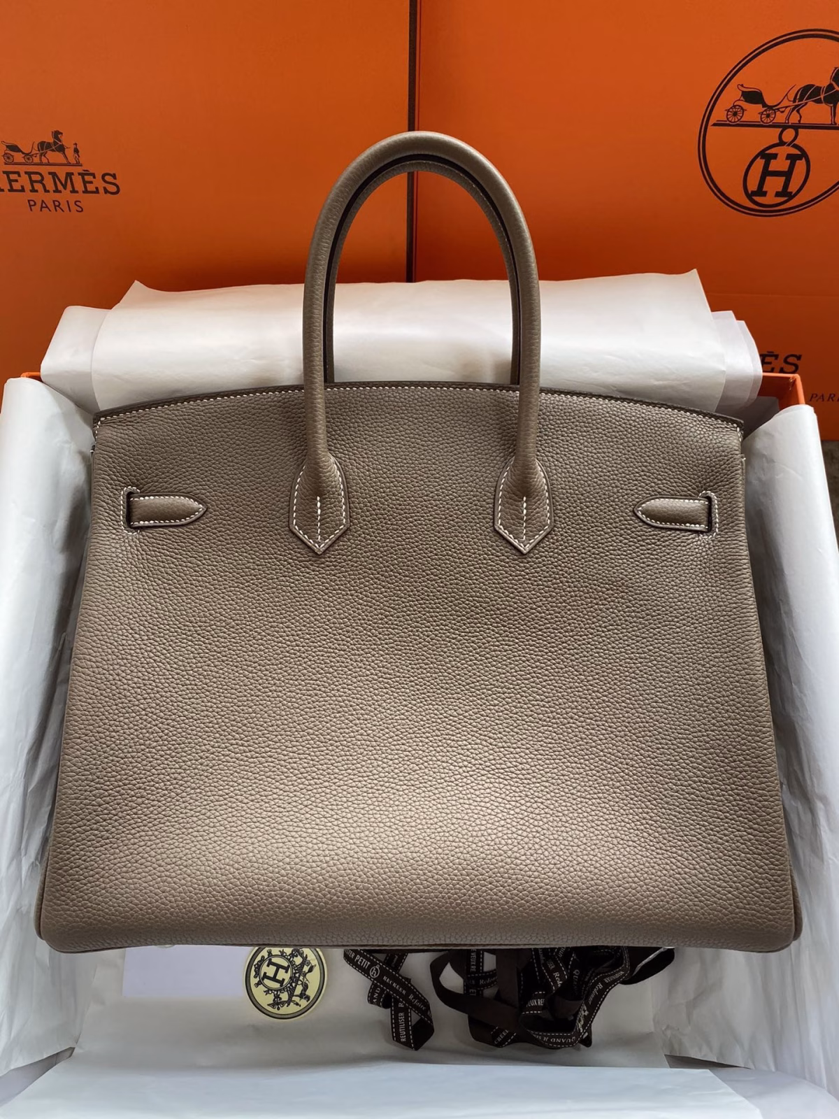 Hermes Birkin 35 Retourne Handmade Bag In Taupe Clemence Leather - Image 6