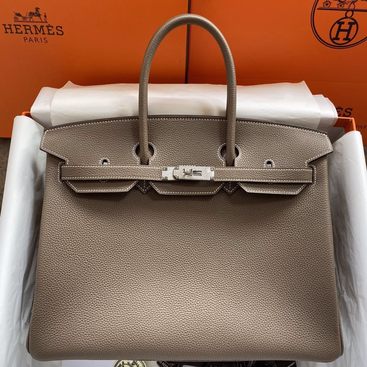 Hermes Birkin 35 Retourne Handmade Bag In Taupe Clemence Leather - Image 1