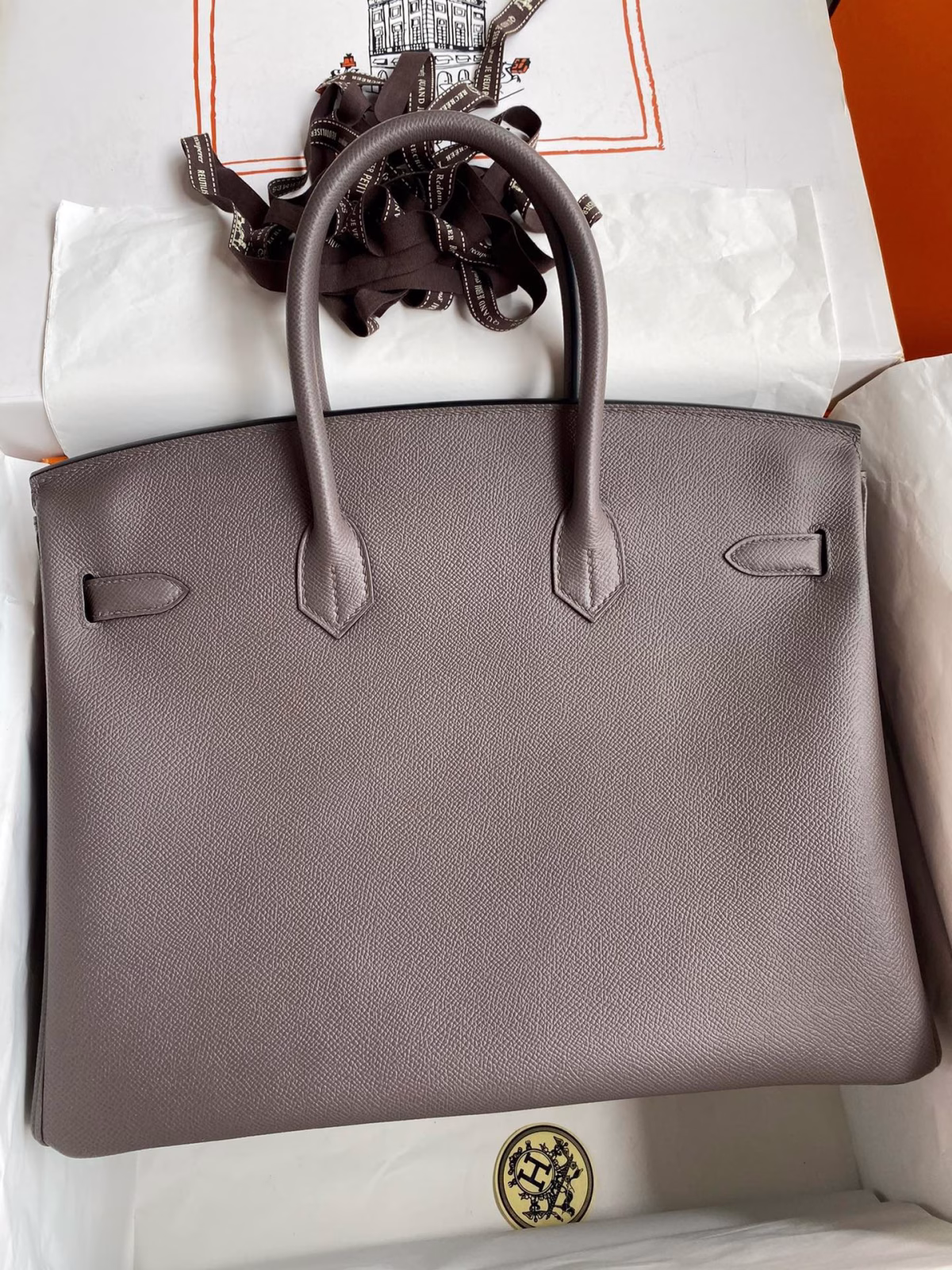 Hermes Birkin 35 Retourne Handmade Bag In Etain Epsom Calfskin - Image 7