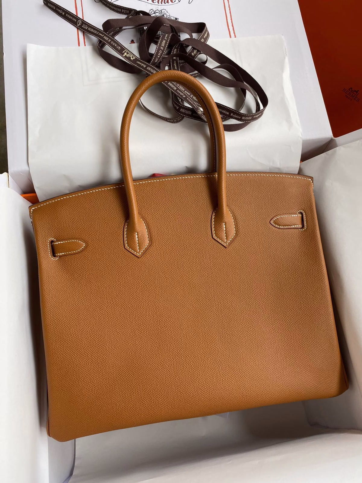 Hermes Birkin 35 Retourne Handmade Bag In Gold Epsom Calfskin - Image 9