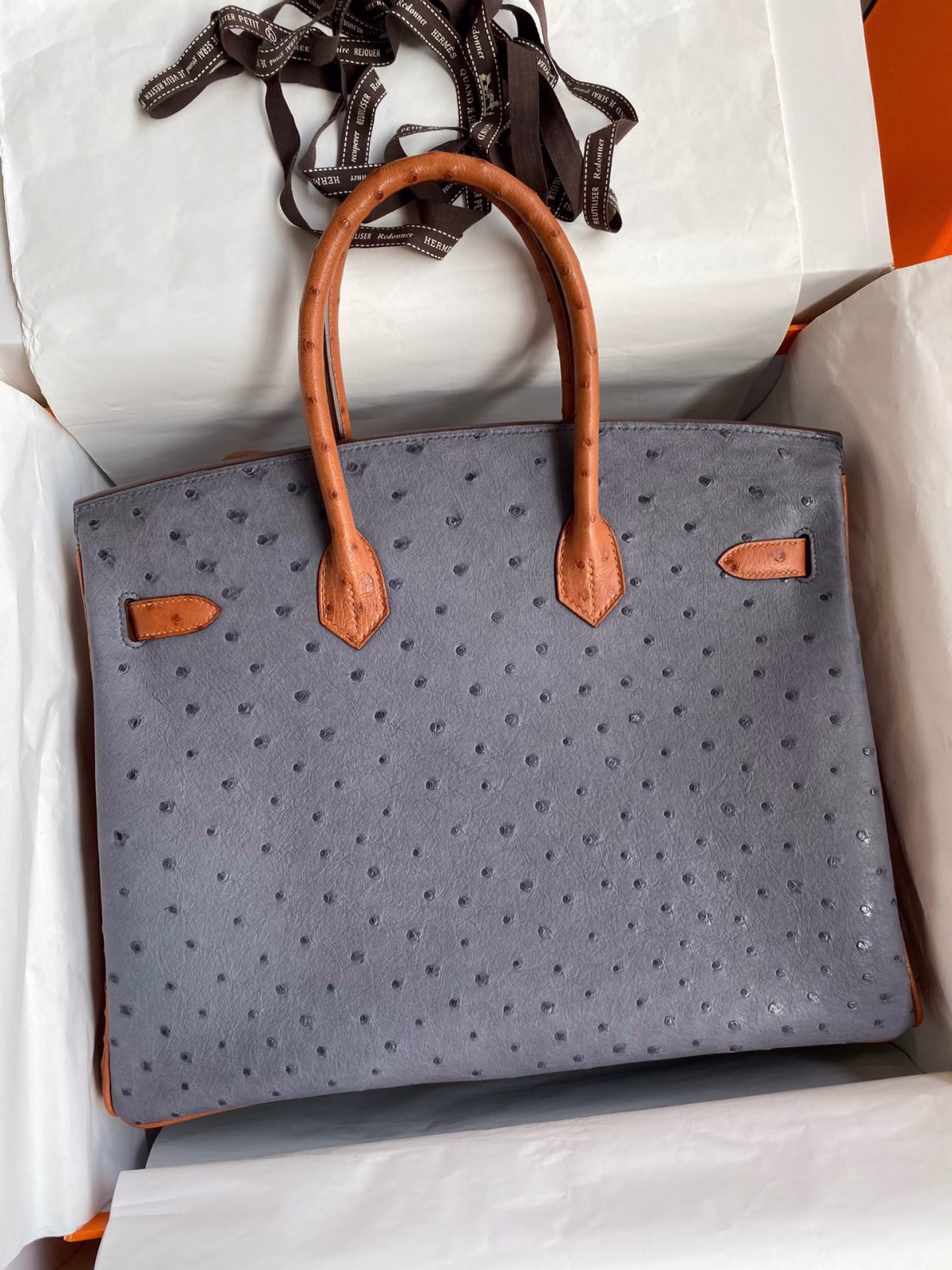 Hermes HSS Birkin 35 Bicolor Bag in Gris Agate and Gold Ostrich Leather - Image 6