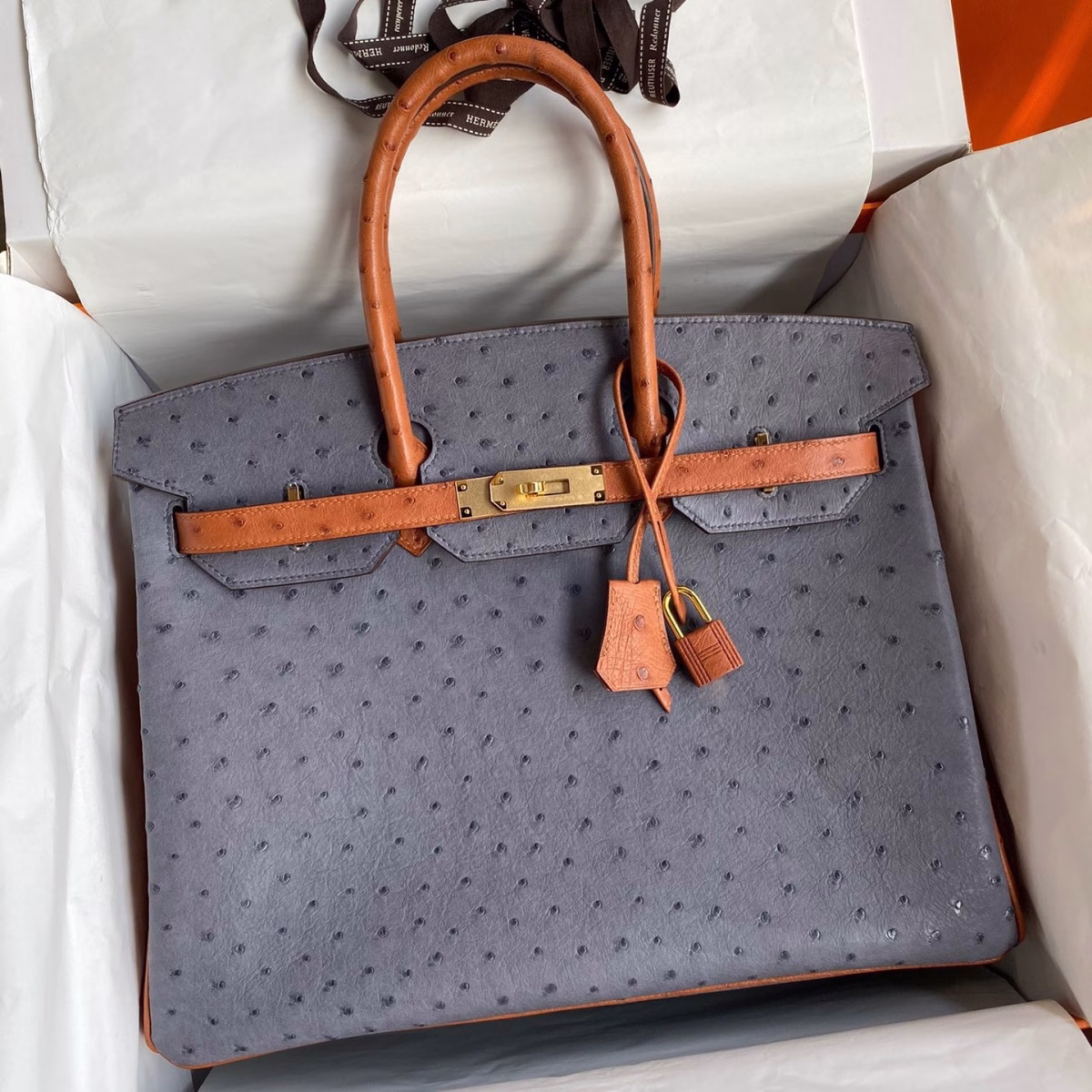 Hermes HSS Birkin 35 Bicolor Bag in Gris Agate and Gold Ostrich Leather - Image 1