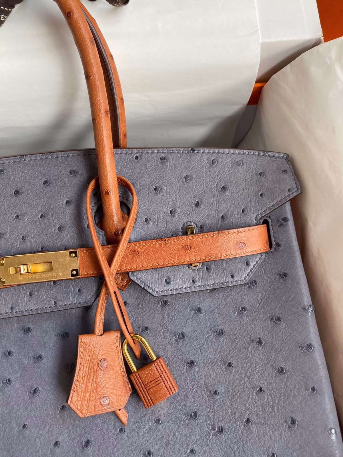 Hermes HSS Birkin 35 Bicolor Bag in Gris Agate and Gold Ostrich Leather - Image 7