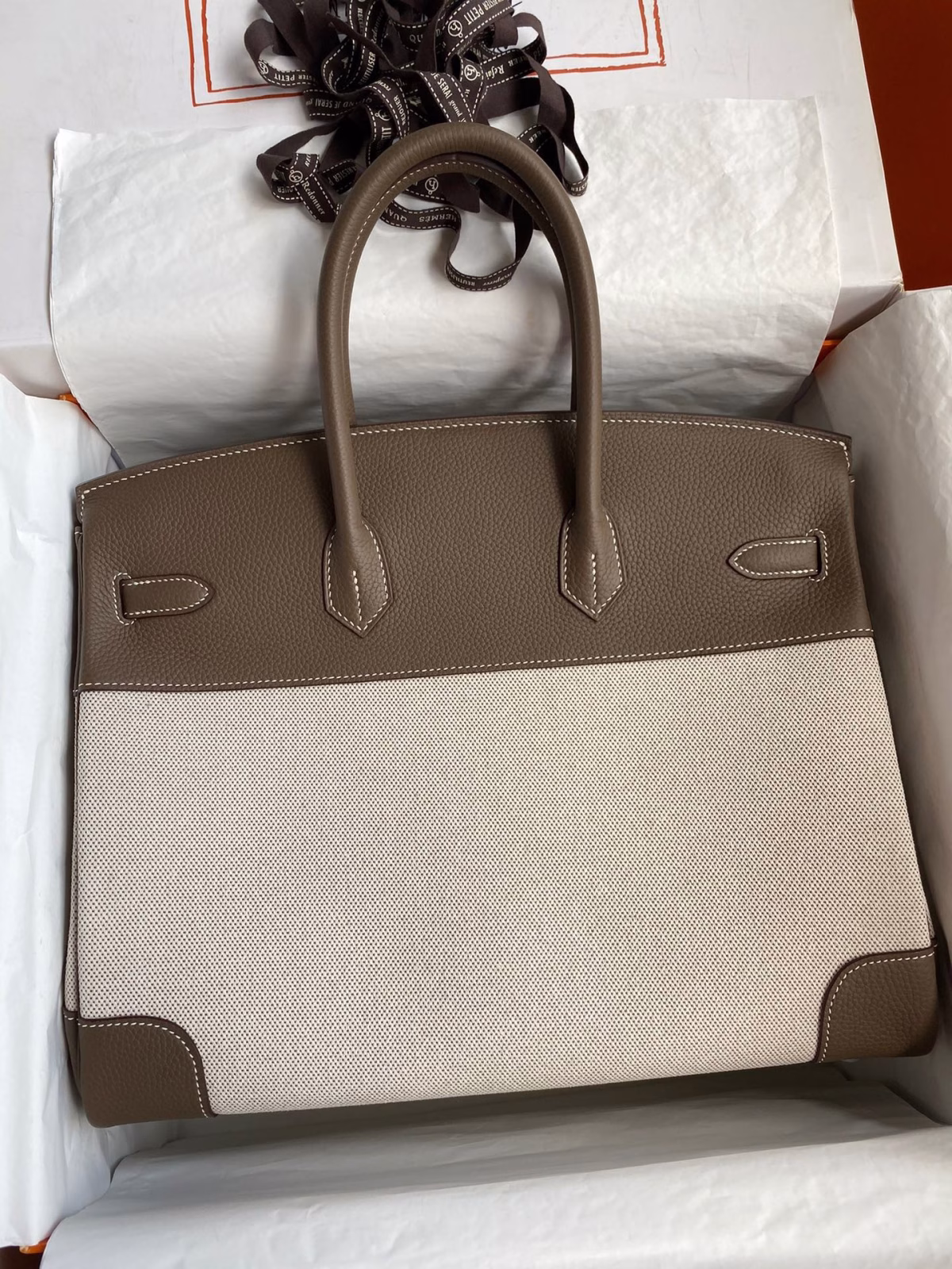 Hermes Birkin 35 Handmade Bag In Toile & Taupe Clemence Leather - Image 6