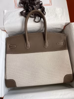 Hermes Birkin 35 Handmade Bag In Toile & Taupe Clemence Leather - Image 6