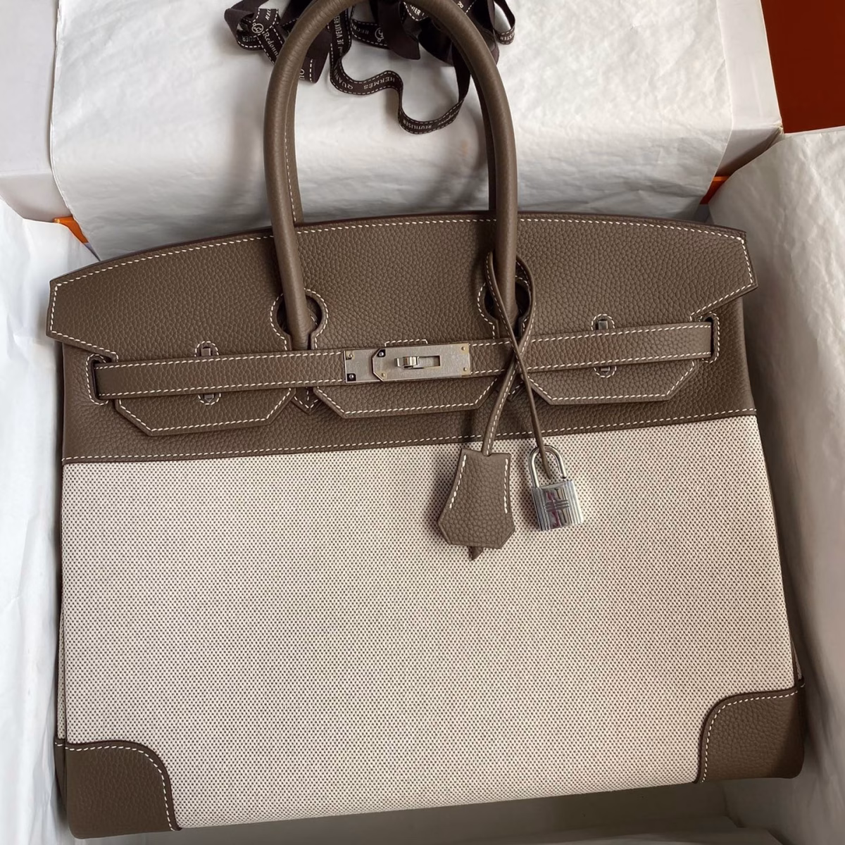 Hermes Birkin 35 Handmade Bag In Toile & Taupe Clemence Leather - Image 1