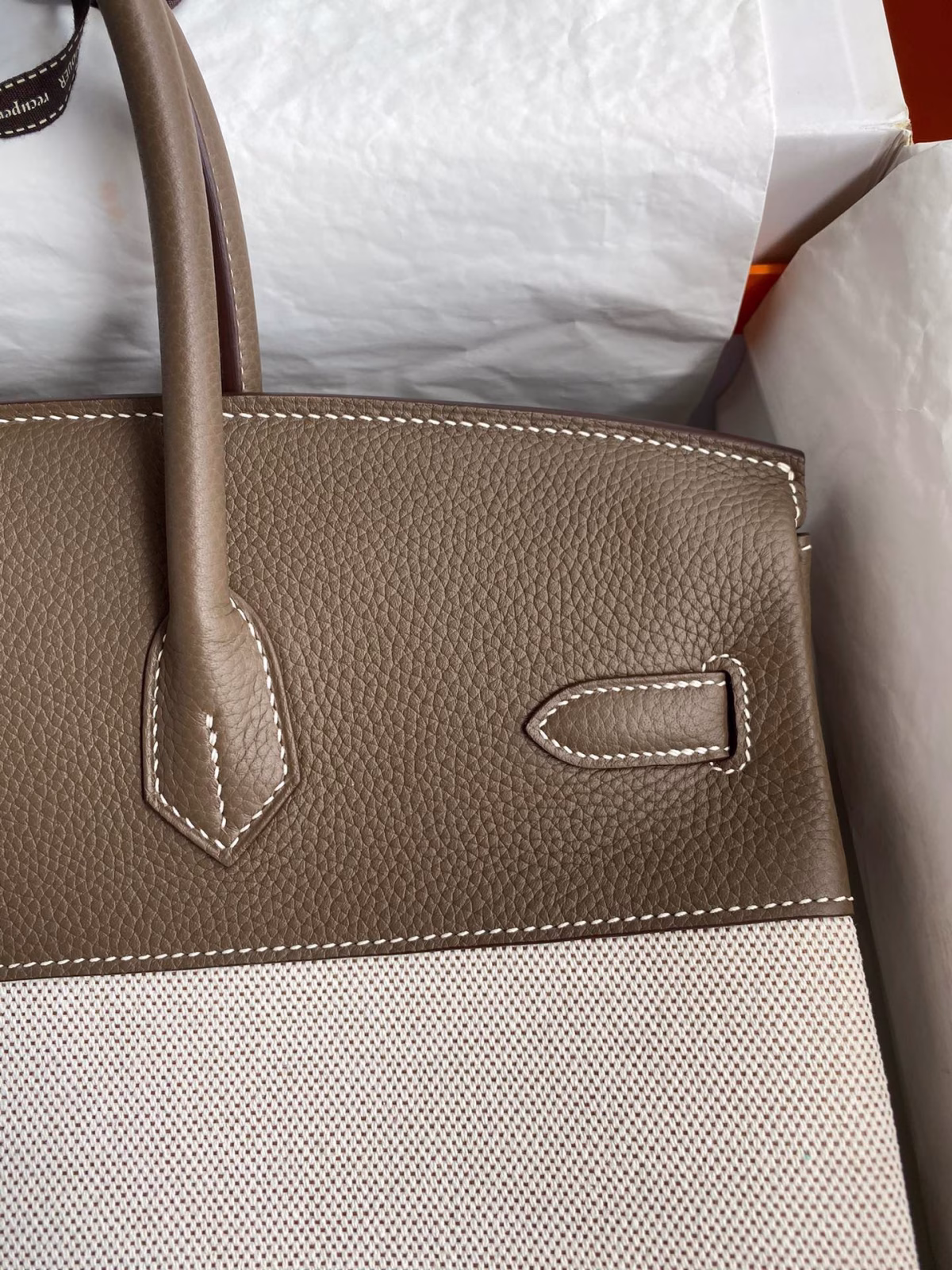 Hermes Birkin 35 Handmade Bag In Toile & Taupe Clemence Leather - Image 9