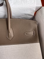 Hermes Birkin 35 Handmade Bag In Toile & Taupe Clemence Leather - Image 9