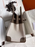 Hermes Birkin 35 Handmade Bag In Toile & Taupe Clemence Leather - Image 2