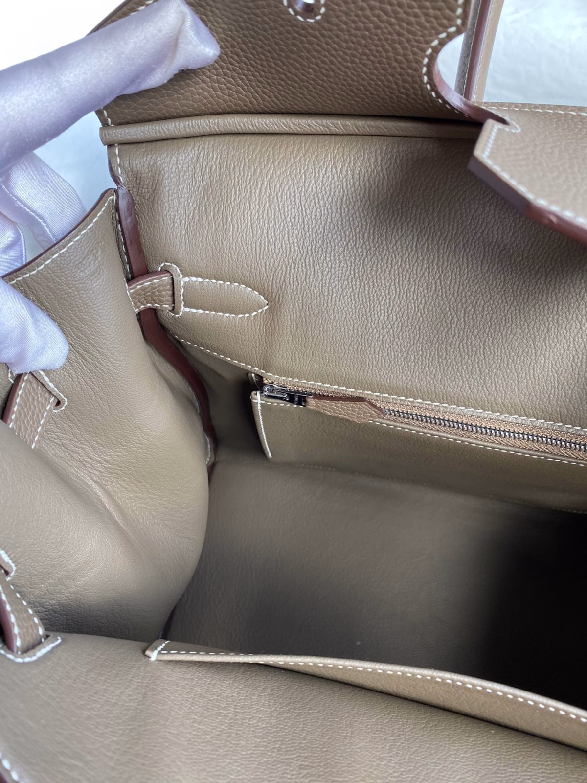 Hermes Birkin 35 Handmade Bag In Toile & Taupe Clemence Leather - Image 8