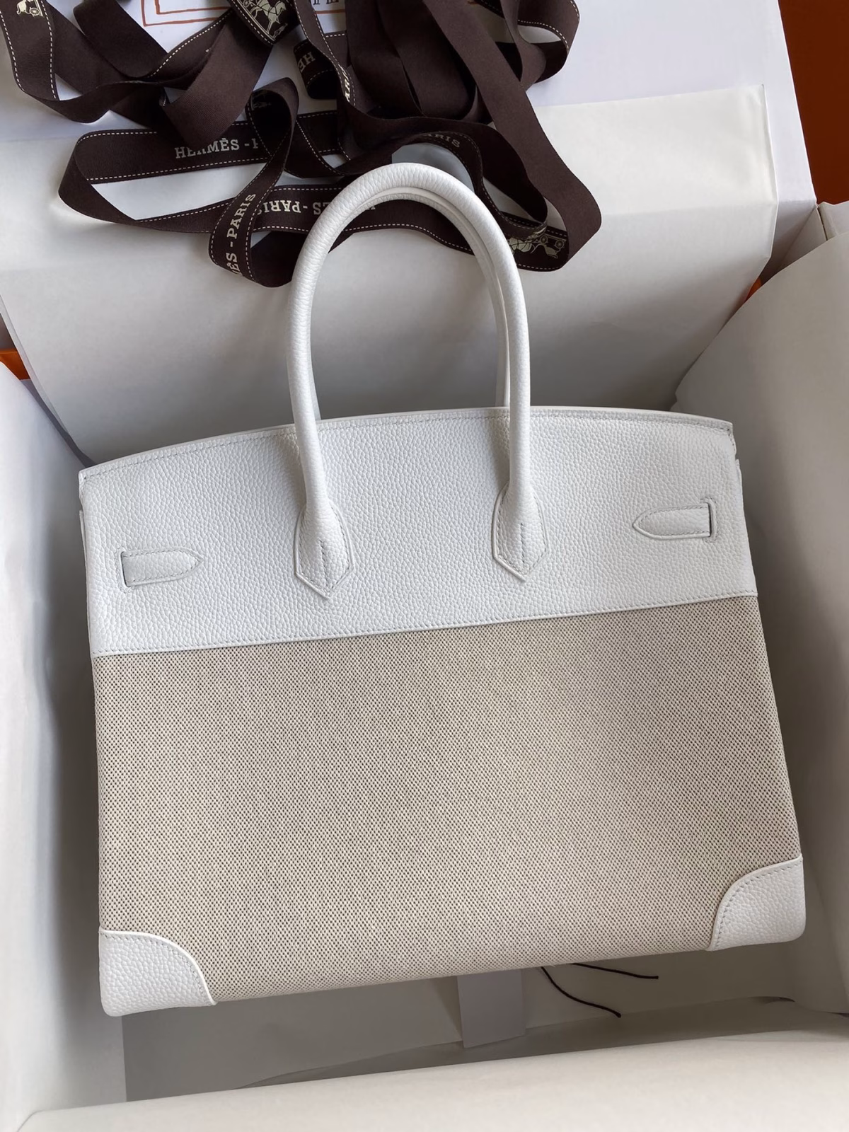 Hermes Birkin 35 Handmade Bag In Toile & White Clemence Leather - Image 6