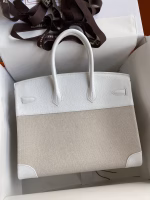 Hermes Birkin 35 Handmade Bag In Toile & White Clemence Leather - Image 6