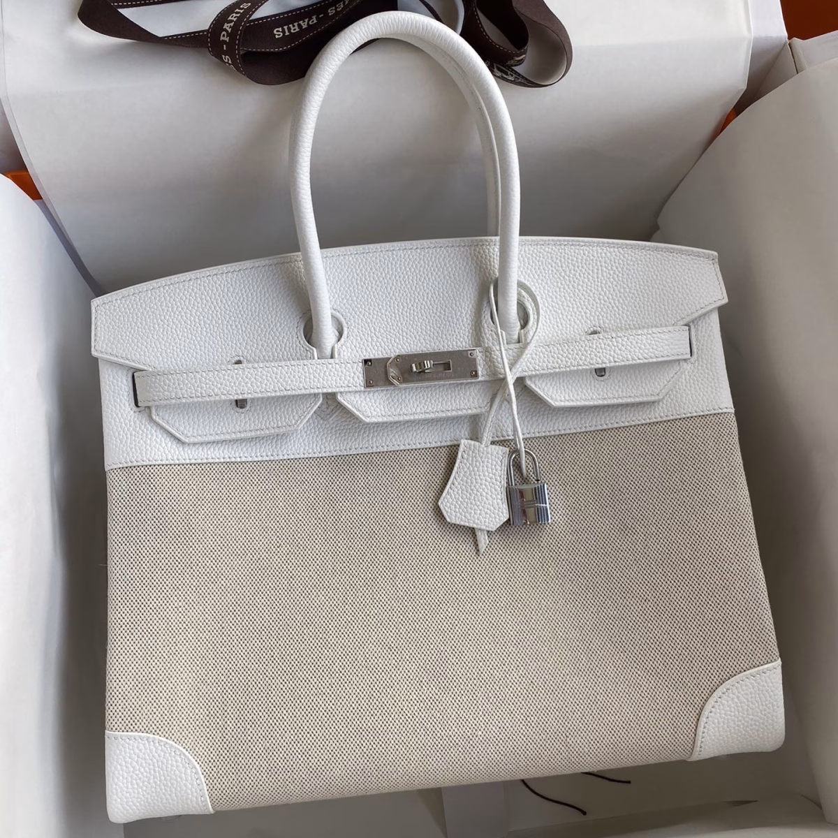 Hermes Birkin 35 Handmade Bag In Toile & White Clemence Leather - Image 1