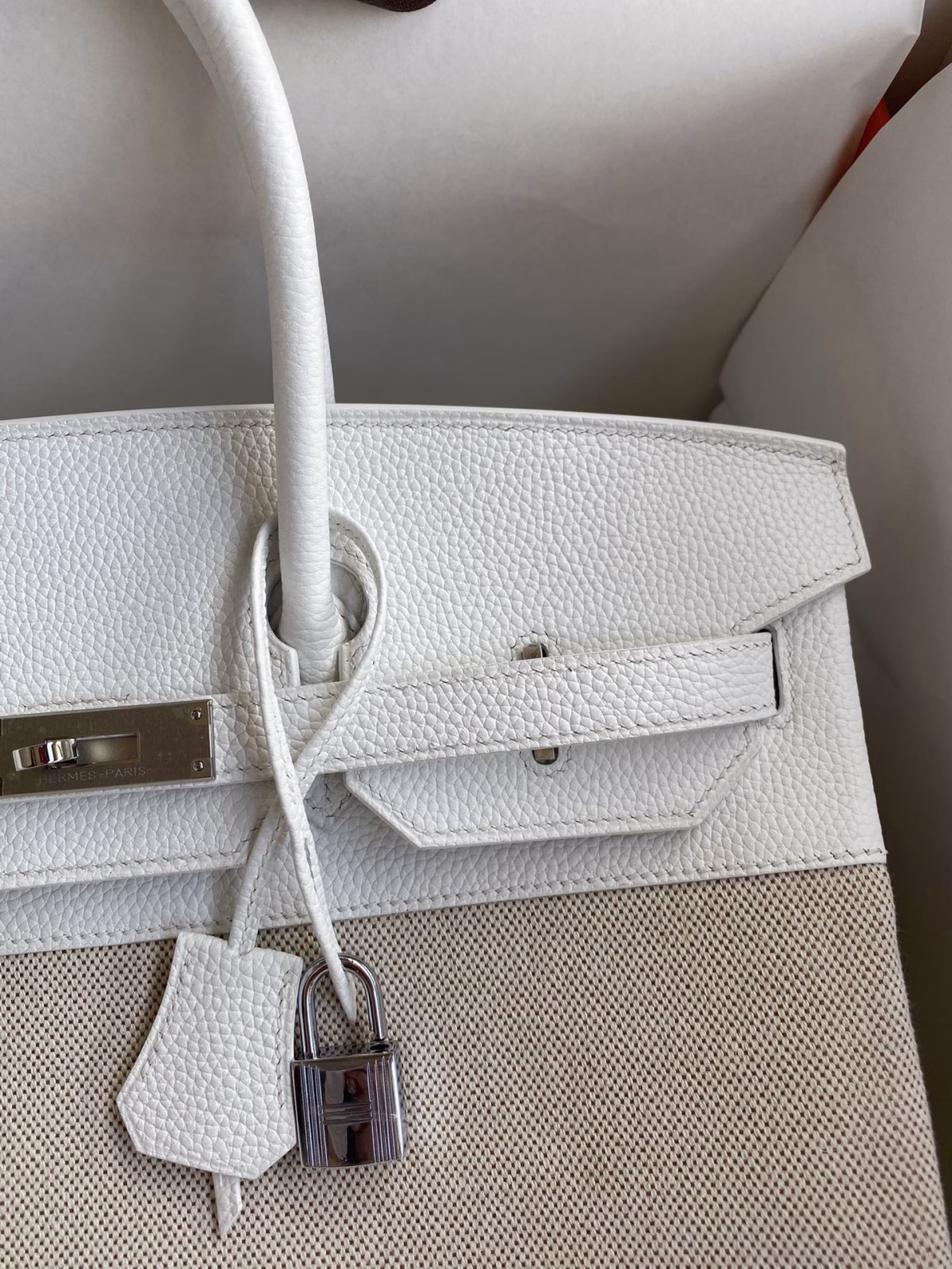 Hermes Birkin 35 Handmade Bag In Toile & White Clemence Leather - Image 9