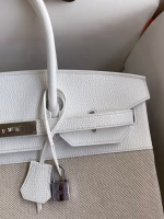 Hermes Birkin 35 Handmade Bag In Toile & White Clemence Leather - Image 9
