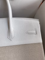 Hermes Birkin 35 Handmade Bag In Toile & White Clemence Leather - Image 7