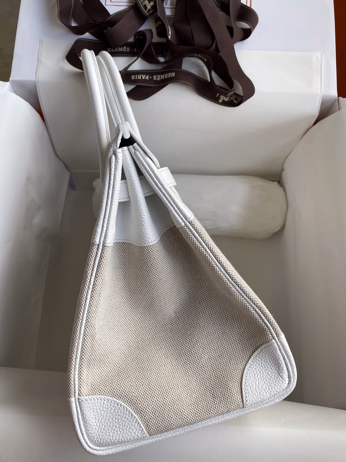 Hermes Birkin 35 Handmade Bag In Toile & White Clemence Leather - Image 2