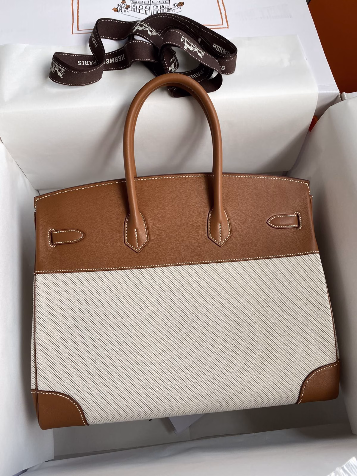 Hermes Birkin 35 Handmade Bag In Toile & Gold Swift Leather - Image 6
