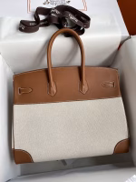 Hermes Birkin 35 Handmade Bag In Toile & Gold Swift Leather - Image 6