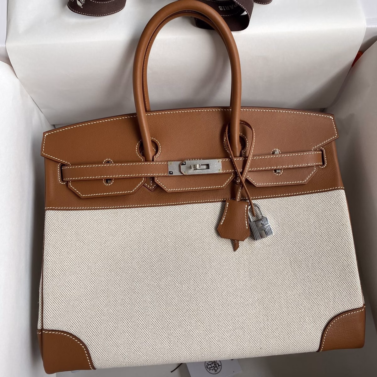 Hermes Birkin 35 Handmade Bag In Toile & Gold Swift Leather - Image 1