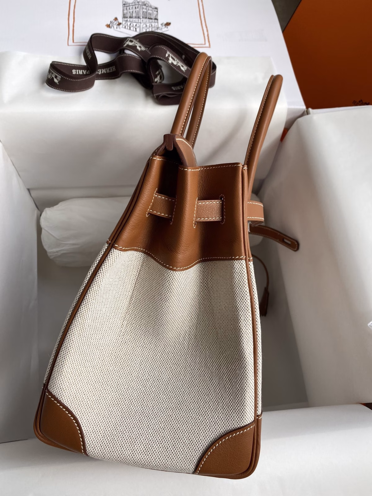 Hermes Birkin 35 Handmade Bag In Toile & Gold Swift Leather - Image 9