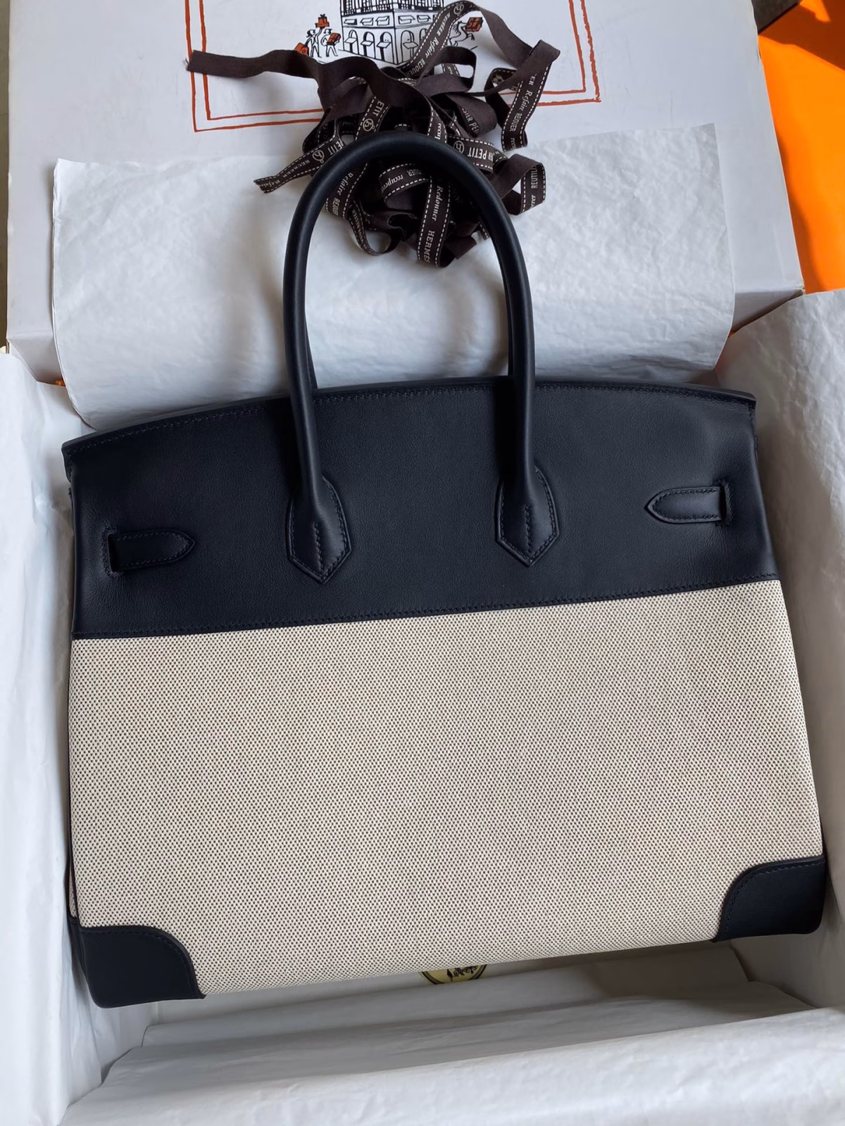 Hermes Birkin 35 Handmade Bag In Toile & Black Swift Leather - Image 6