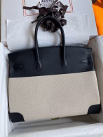 Hermes Birkin 35 Handmade Bag In Toile & Black Swift Leather - Image 6