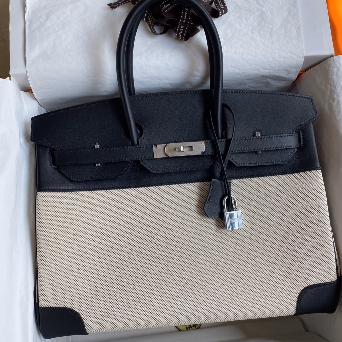Hermes Birkin 35 Handmade Bag In Toile & Black Swift Leather - Image 1